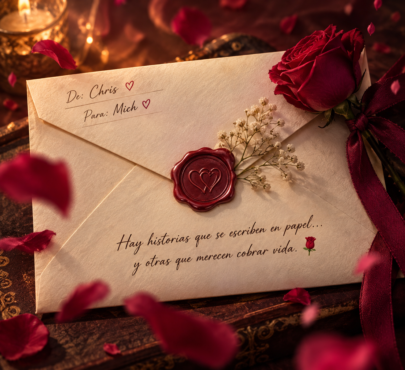 Sobre de papel marfil con rosa roja, De: Chris, Para: Mich y una frase romántica escrita a mano
